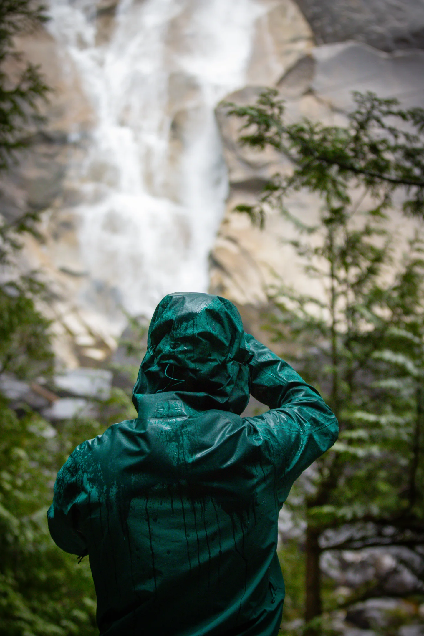 Patrick Notz photographing a waterfall in the British Columbia rainforest